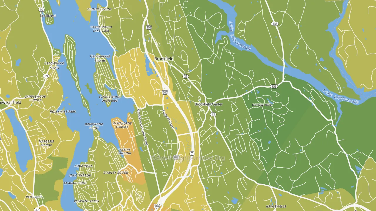 Map of the best neighborhoods in the 06804 area, with better matches in green and worse matches in red