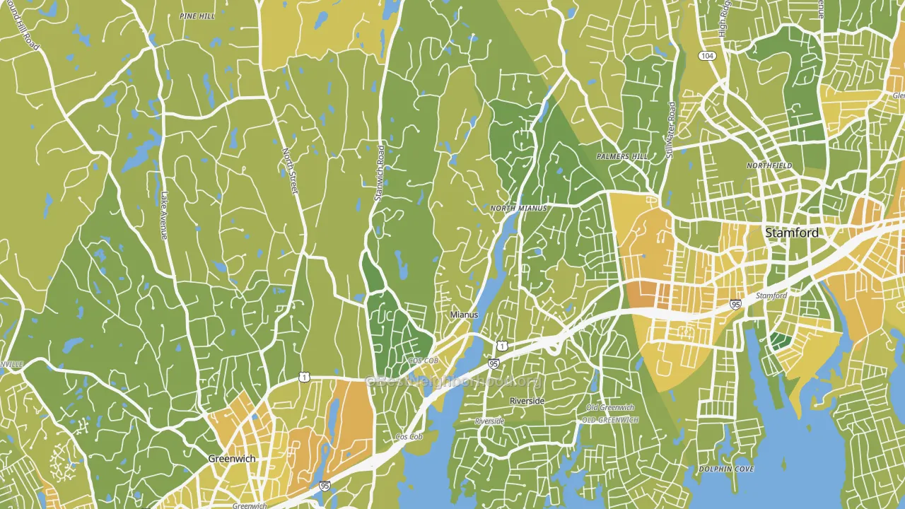 Map of the best neighborhoods in the 06807 area, with better matches in green and worse matches in red