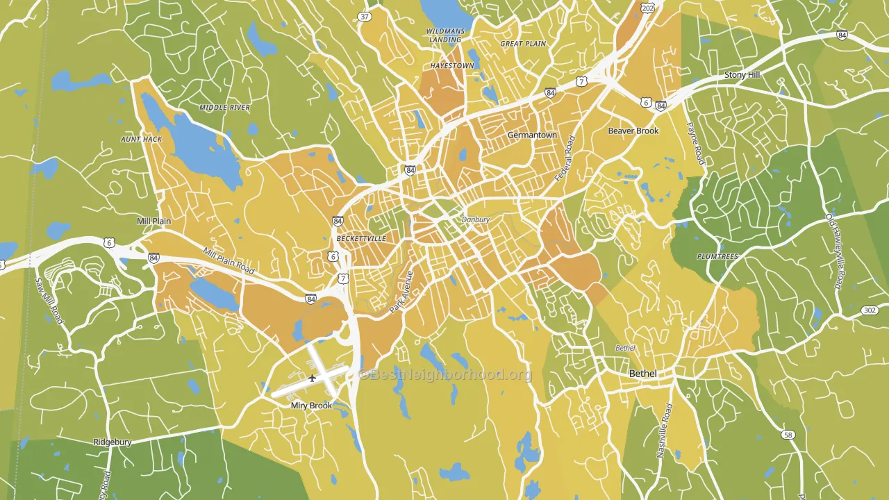 Map of the best neighborhoods in the 06810 area, with better matches in green and worse matches in red