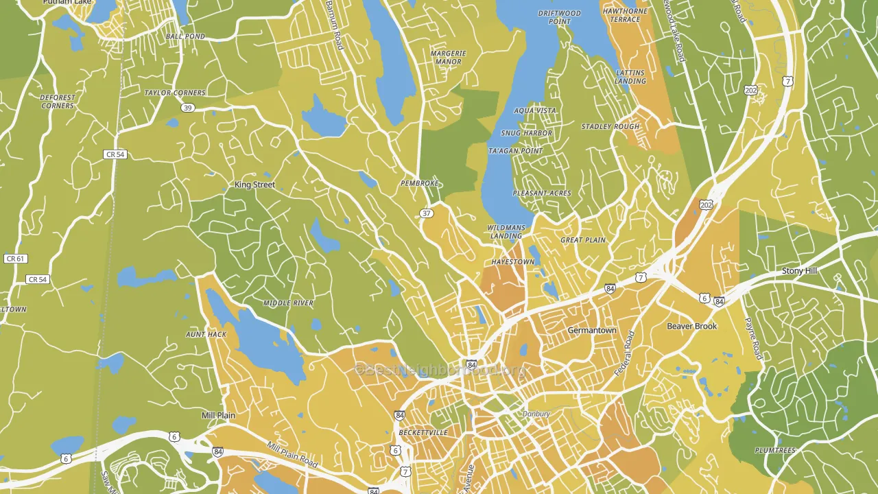 Map of the best neighborhoods in the 06811 area, with better matches in green and worse matches in red