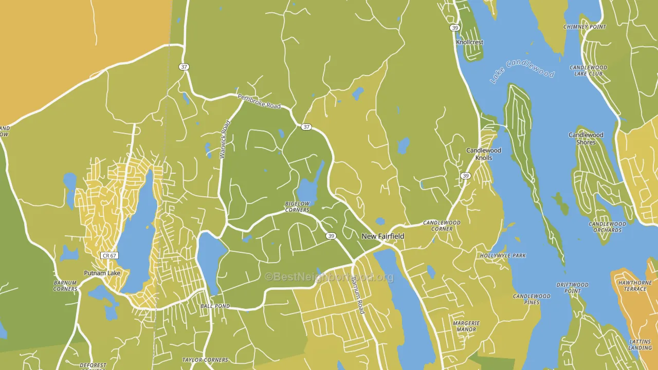 Map of the best neighborhoods in the 06812 area, with better matches in green and worse matches in red