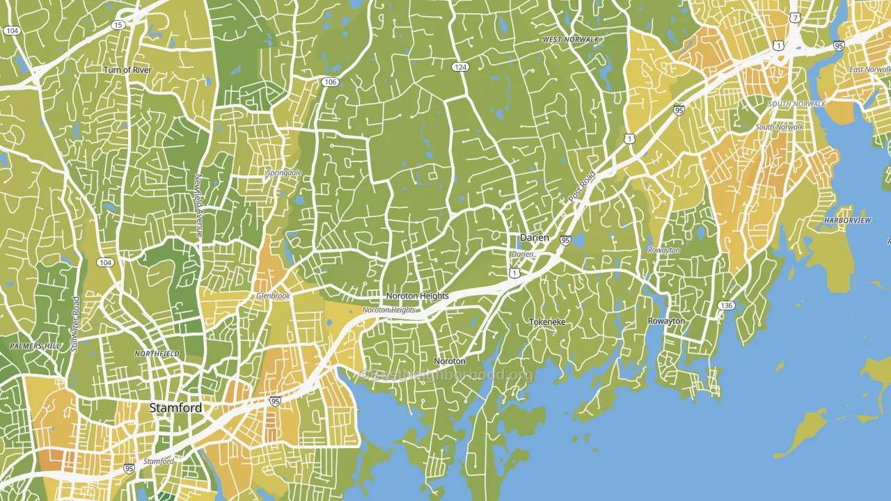 Map of the best neighborhoods in the 06820 area, with better matches in green and worse matches in red