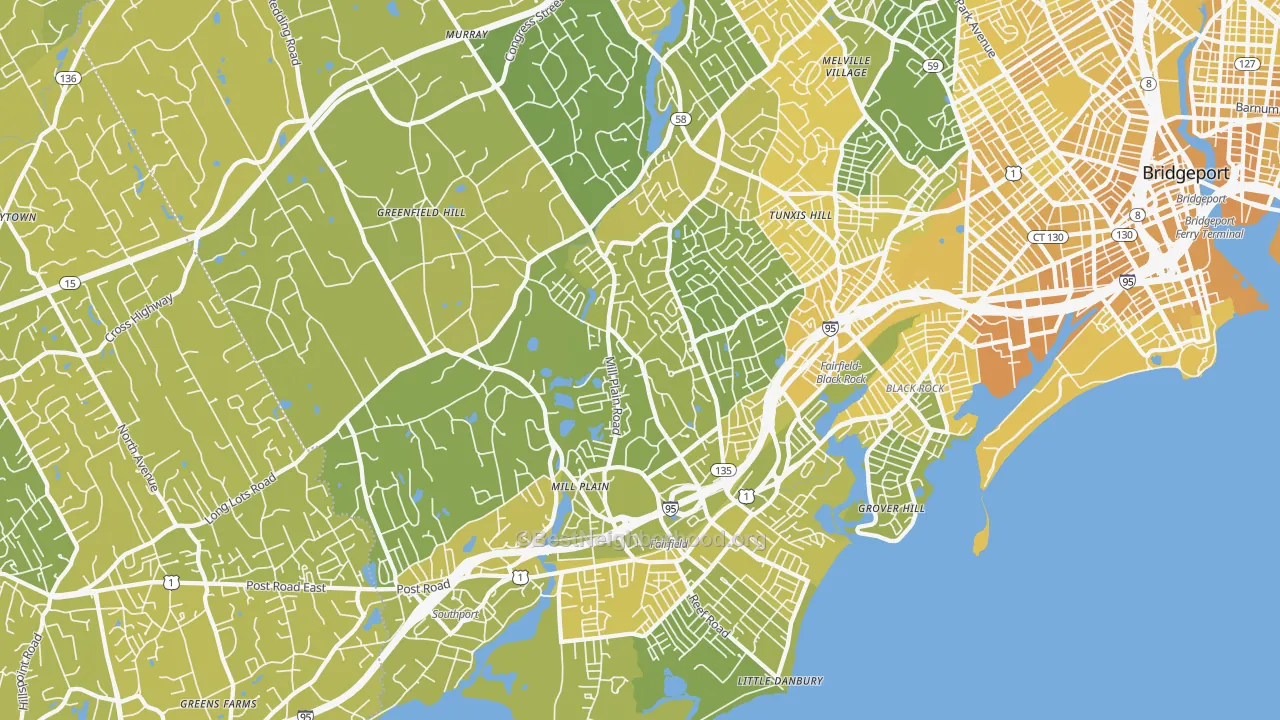 Map of the best neighborhoods in the 06824 area, with better matches in green and worse matches in red