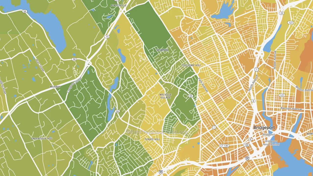 Map of the best neighborhoods in the 06825 area, with better matches in green and worse matches in red