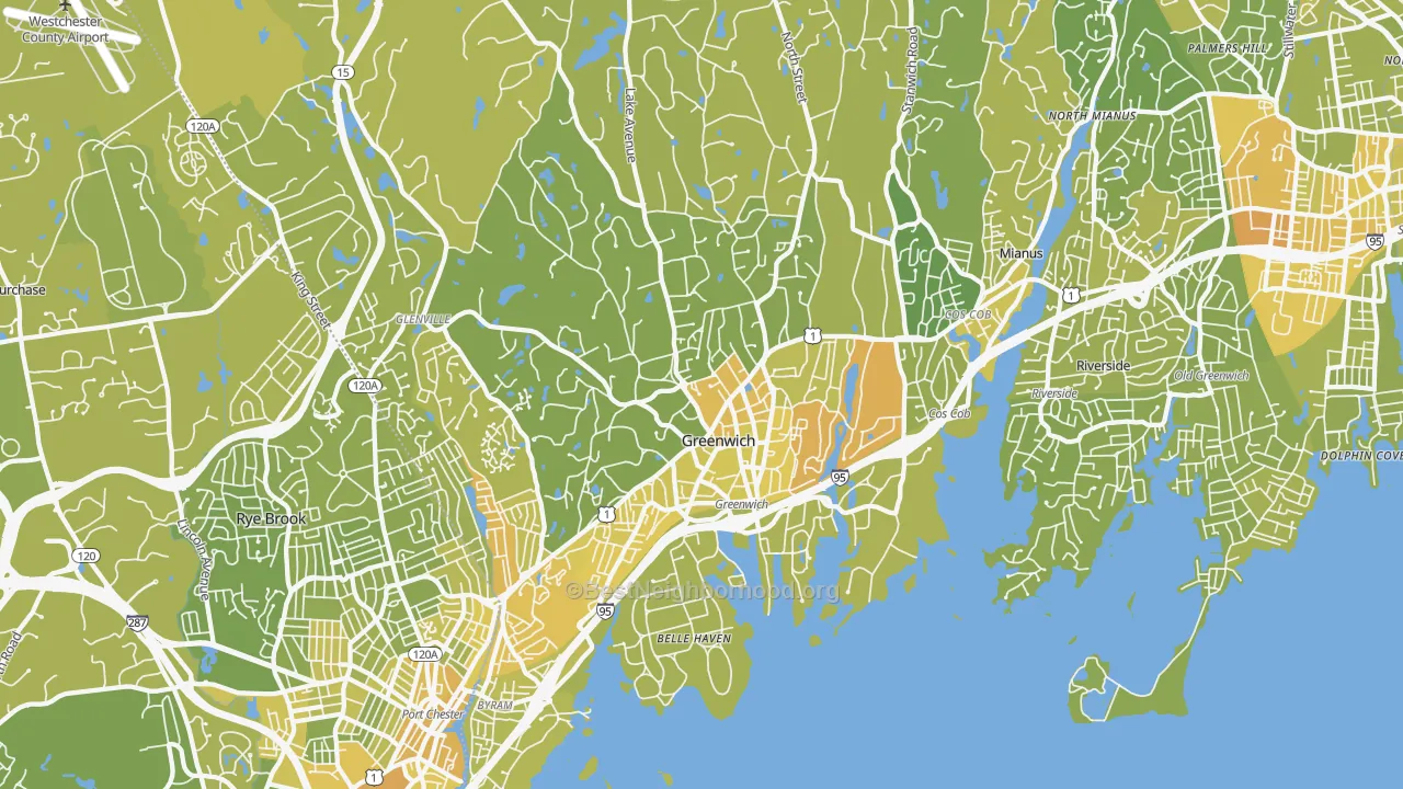 Map of the best neighborhoods in the 06830 area, with better matches in green and worse matches in red