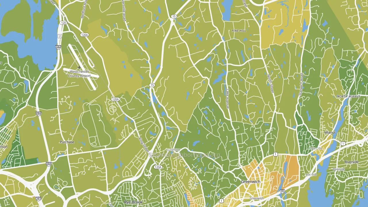 Map of the best neighborhoods in the 06831 area, with better matches in green and worse matches in red