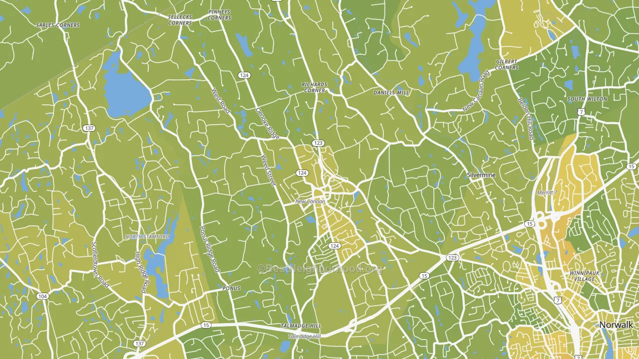 Map of the best neighborhoods in the 06840 area, with better matches in green and worse matches in red