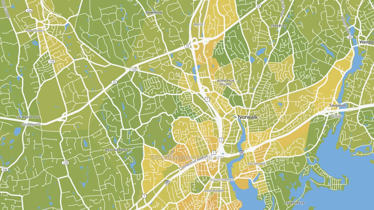 Map of the best neighborhoods in the 06850 area, with better matches in green and worse matches in red