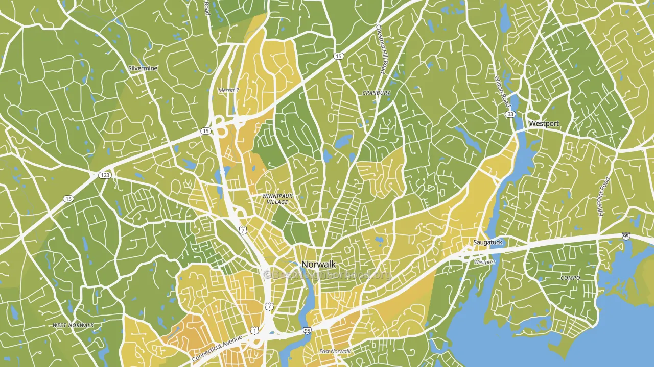 Map of the best neighborhoods in the 06851 area, with better matches in green and worse matches in red