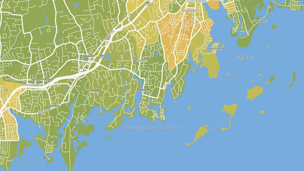 Map of the best neighborhoods in the 06853 area, with better matches in green and worse matches in red