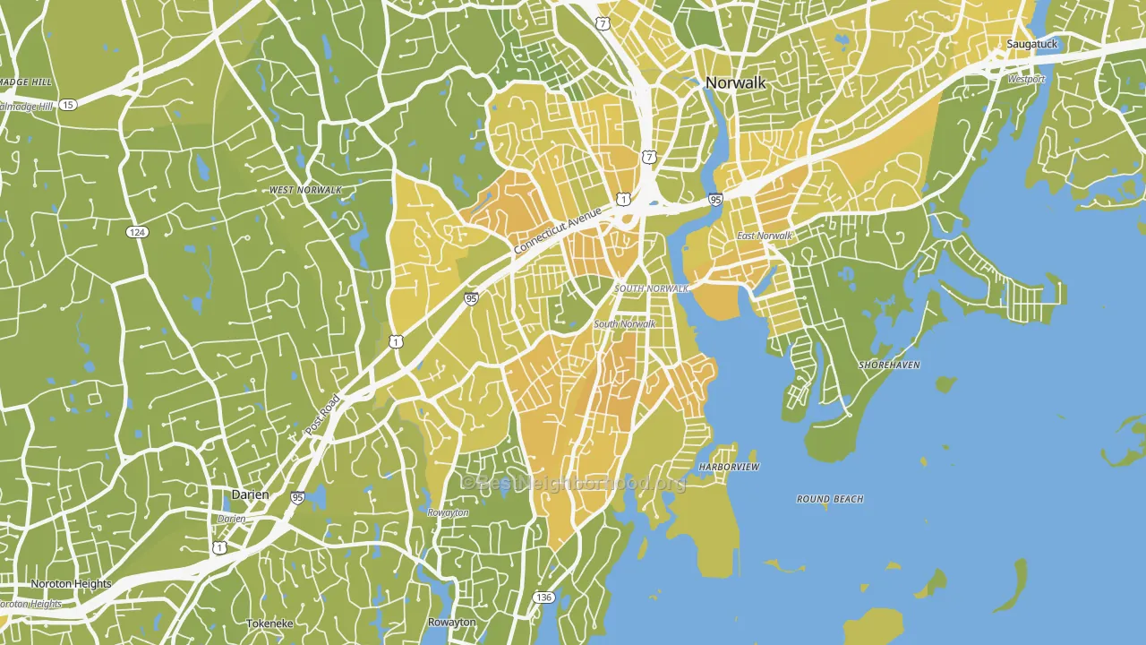 Map of the best neighborhoods in the 06854 area, with better matches in green and worse matches in red