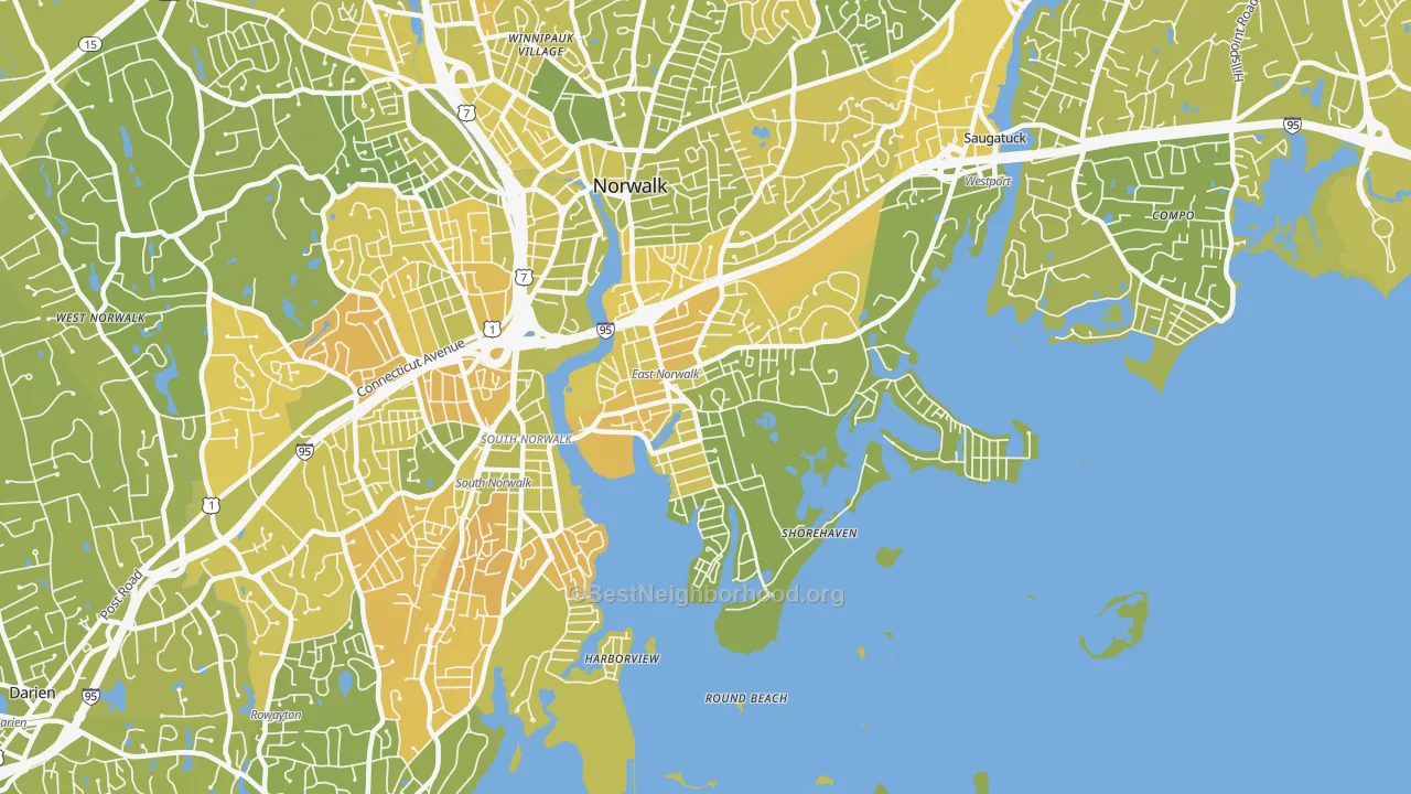 Map of the best neighborhoods in the 06855 area, with better matches in green and worse matches in red