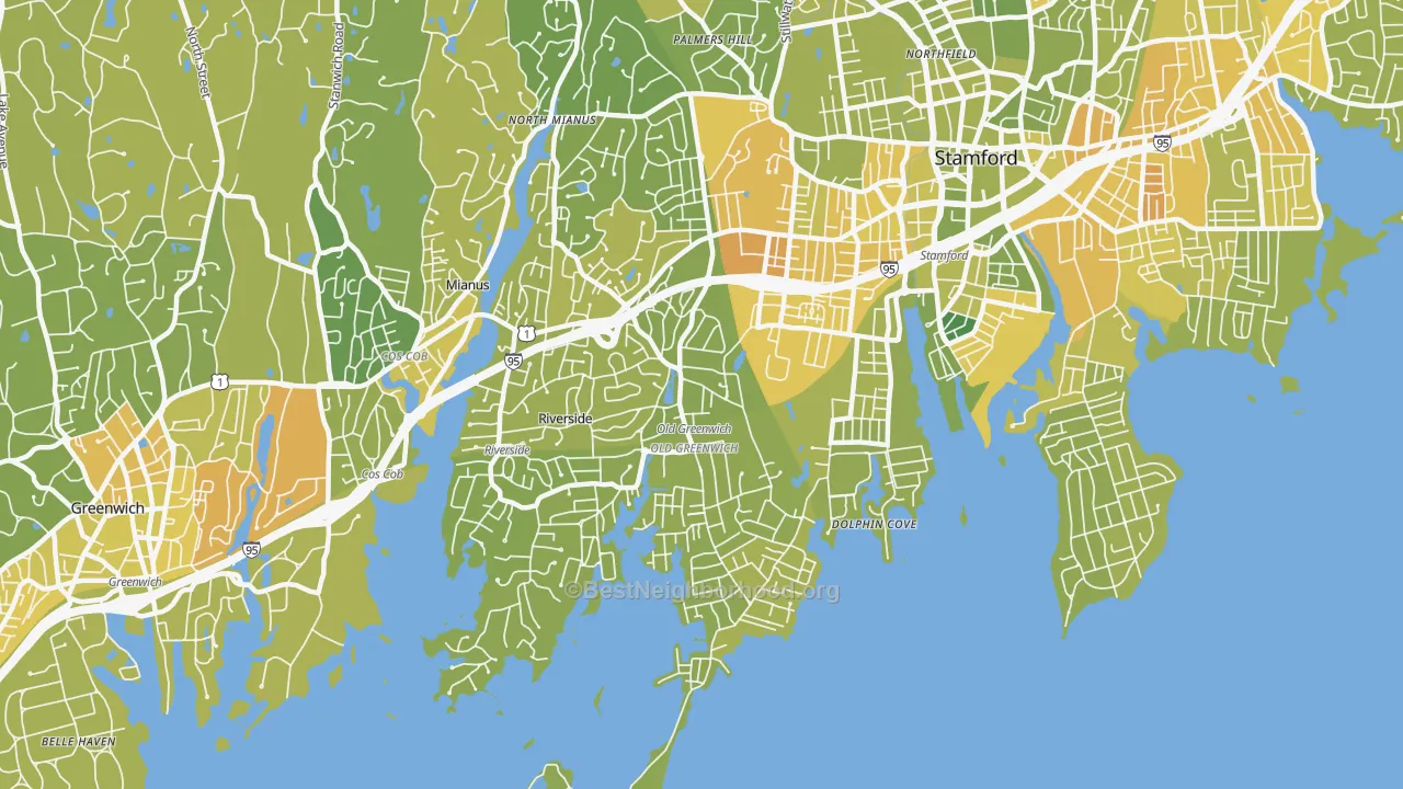 Map of the best neighborhoods in the 06870 area, with better matches in green and worse matches in red