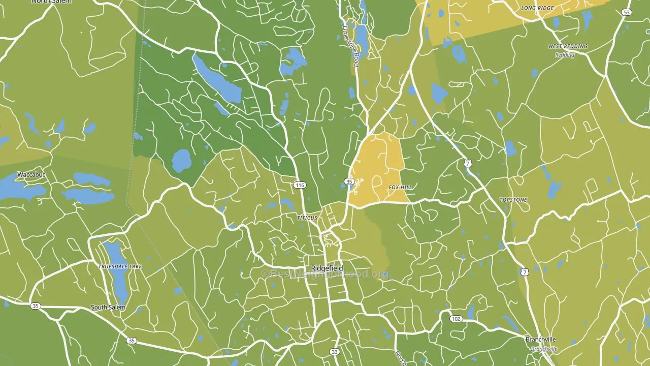Map of the best neighborhoods in the 06877 area, with better matches in green and worse matches in red