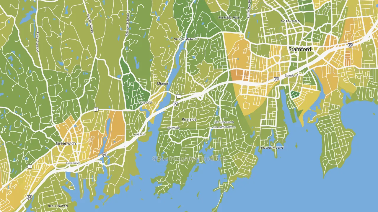 Map of the best neighborhoods in the 06878 area, with better matches in green and worse matches in red