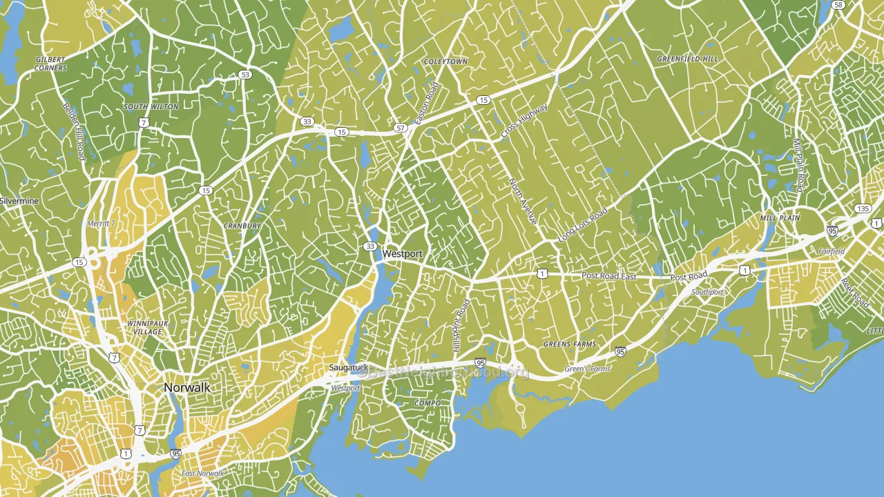 Map of the best neighborhoods in the 06880 area, with better matches in green and worse matches in red