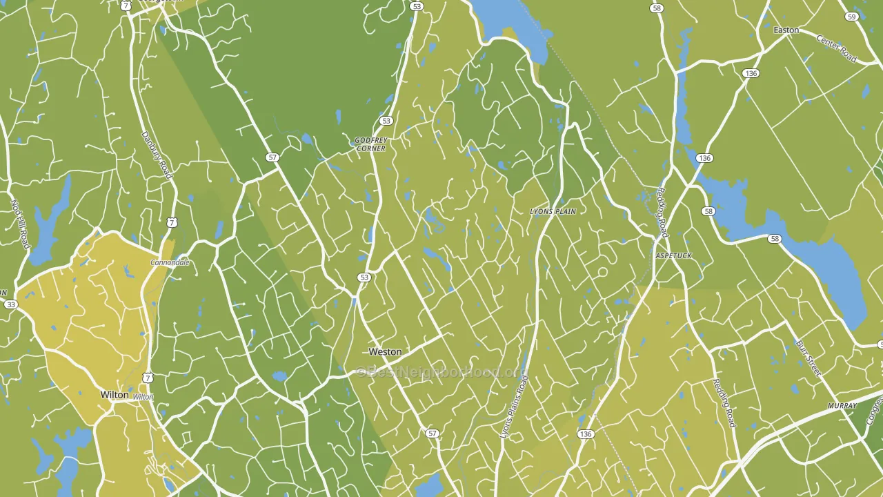 Map of the best neighborhoods in the 06883 area, with better matches in green and worse matches in red