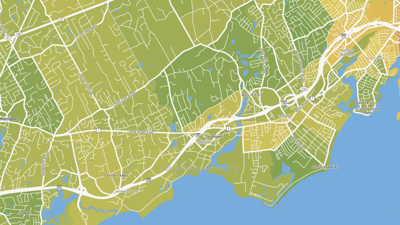 Map of the best neighborhoods in the 06890 area, with better matches in green and worse matches in red