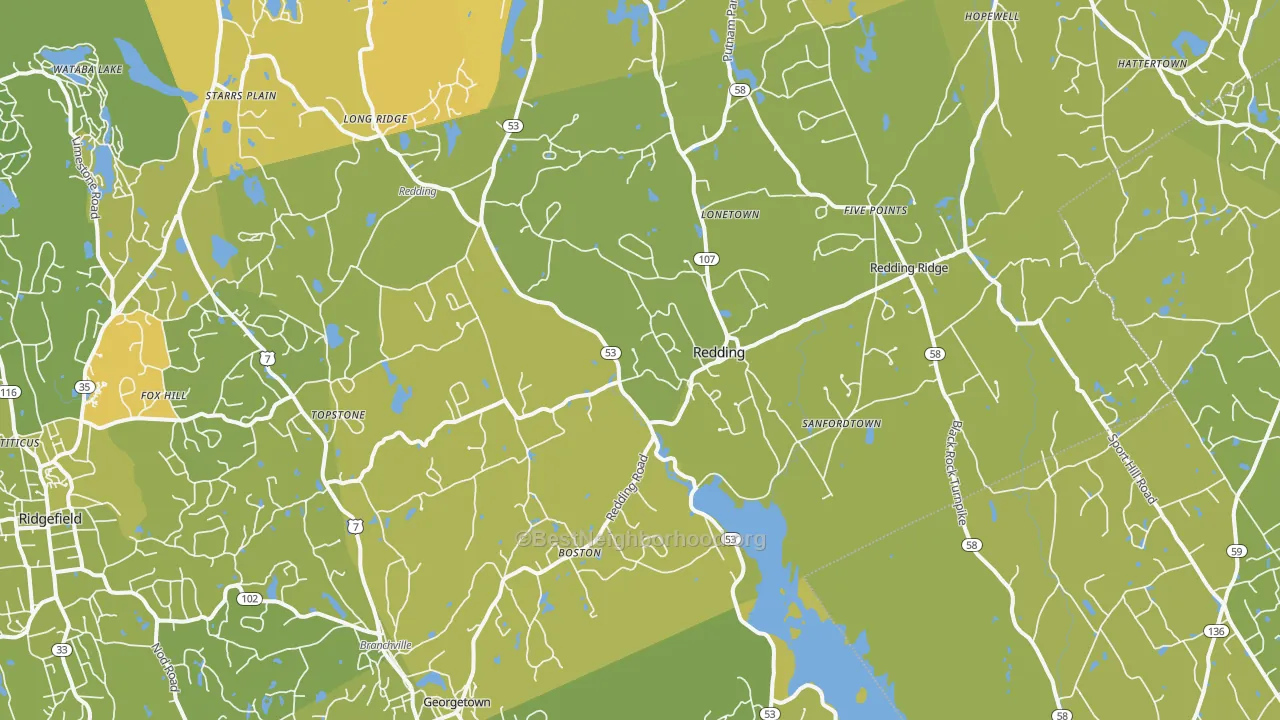 Map of the best neighborhoods in the 06896 area, with better matches in green and worse matches in red