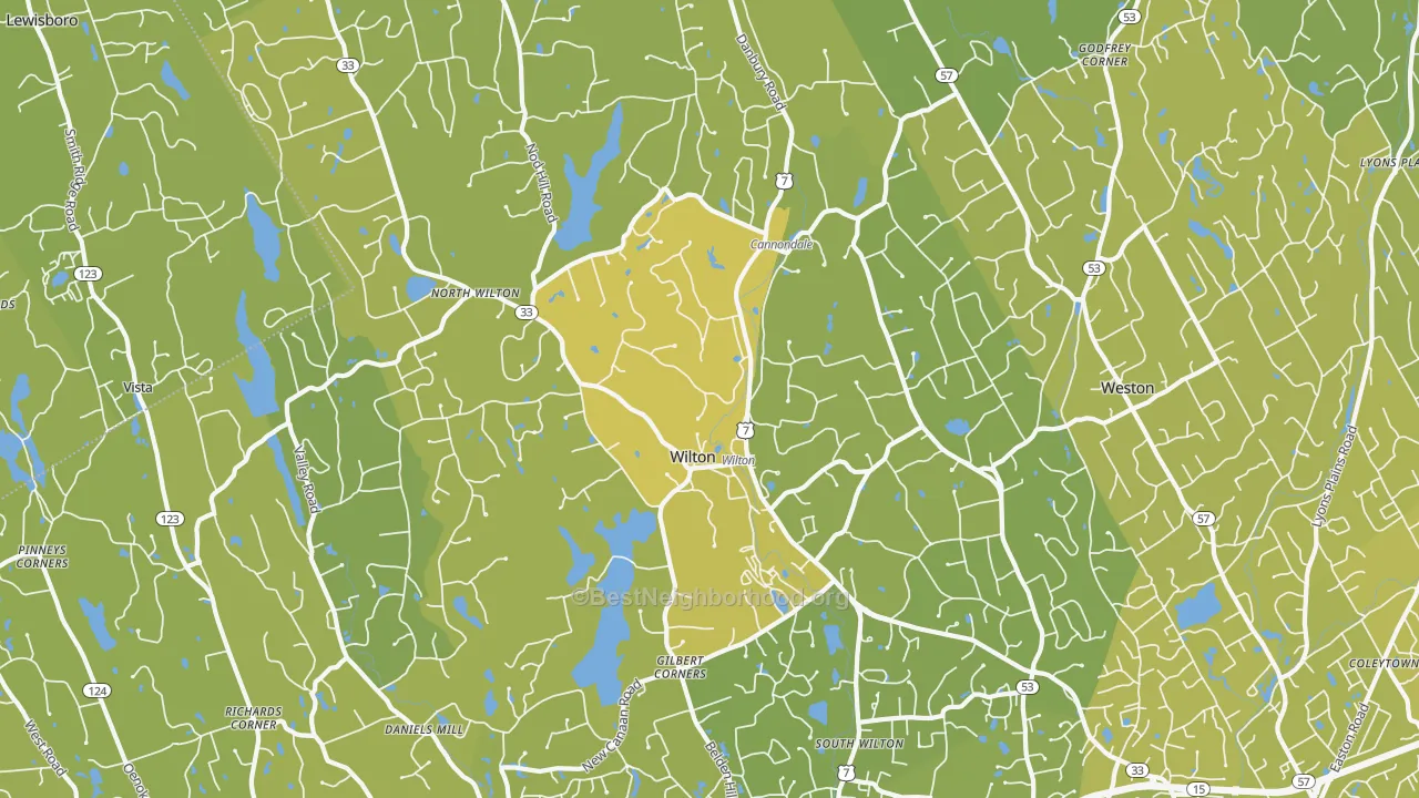 Map of the best neighborhoods in the 06897 area, with better matches in green and worse matches in red
