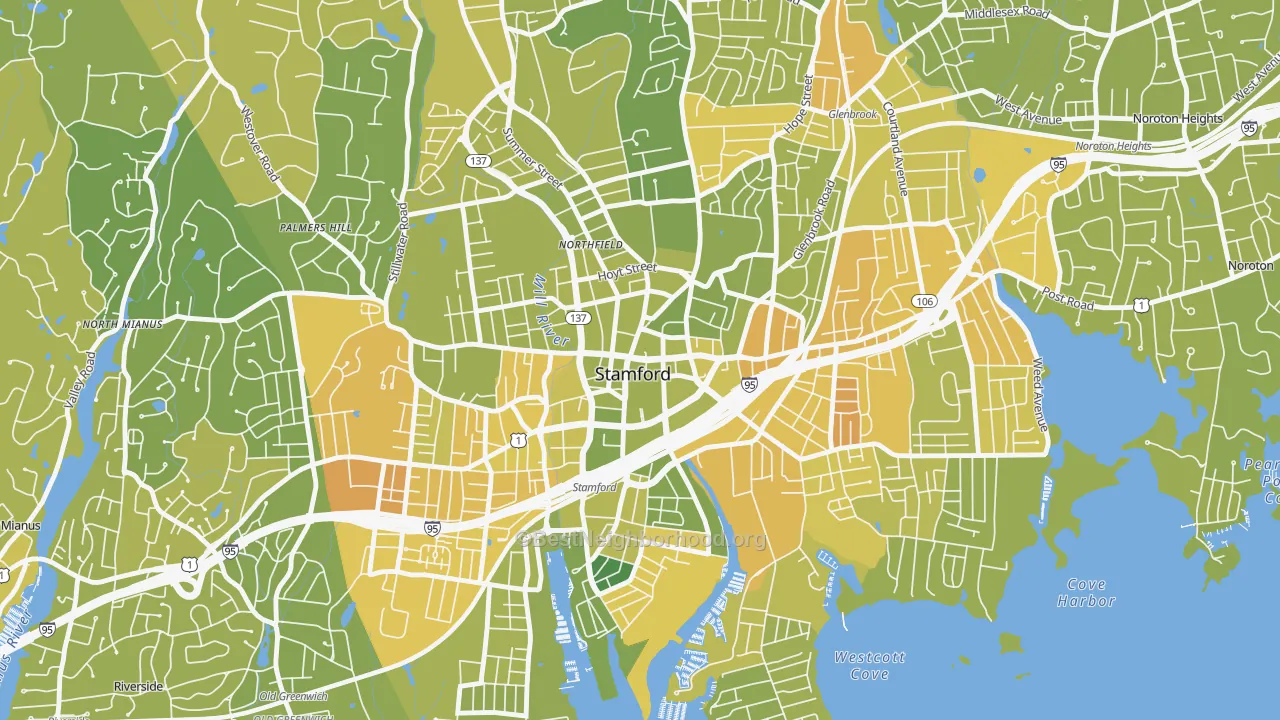 Map of the best neighborhoods in the 06901 area, with better matches in green and worse matches in red