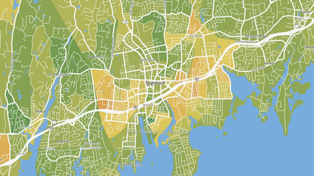 Map of the best neighborhoods in the 06902 area, with better matches in green and worse matches in red