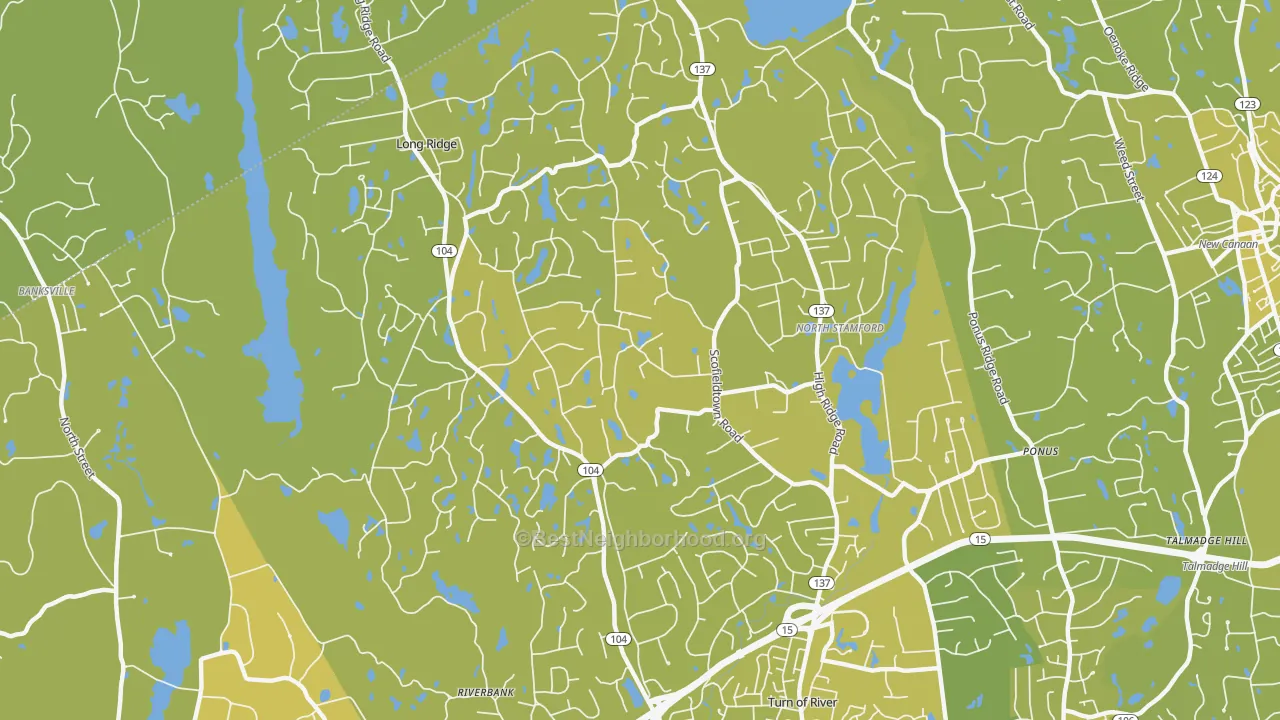 Map of the best neighborhoods in the 06903 area, with better matches in green and worse matches in red