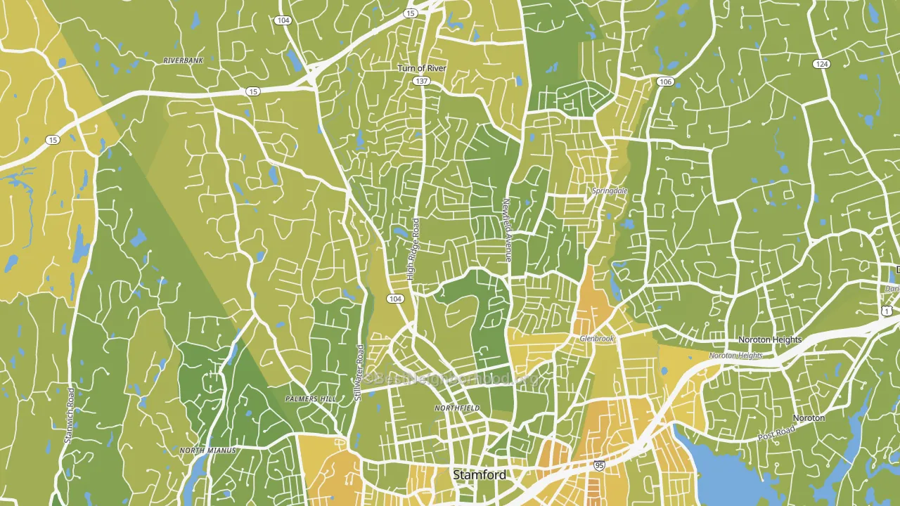 Map of the best neighborhoods in the 06905 area, with better matches in green and worse matches in red