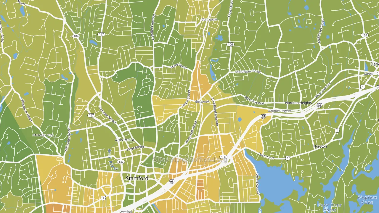 Map of the best neighborhoods in the 06906 area, with better matches in green and worse matches in red