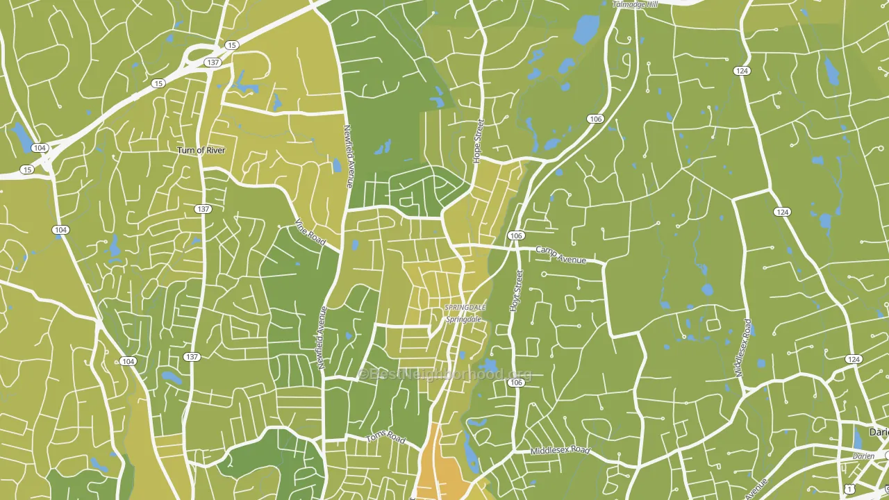 Map of the best neighborhoods in the 06907 area, with better matches in green and worse matches in red