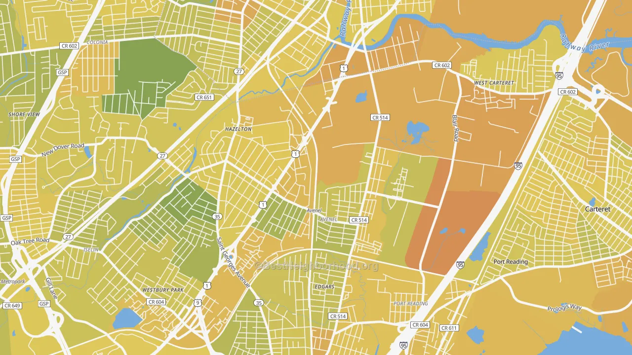 Map of the best neighborhoods in the 07001 area, with better matches in green and worse matches in red