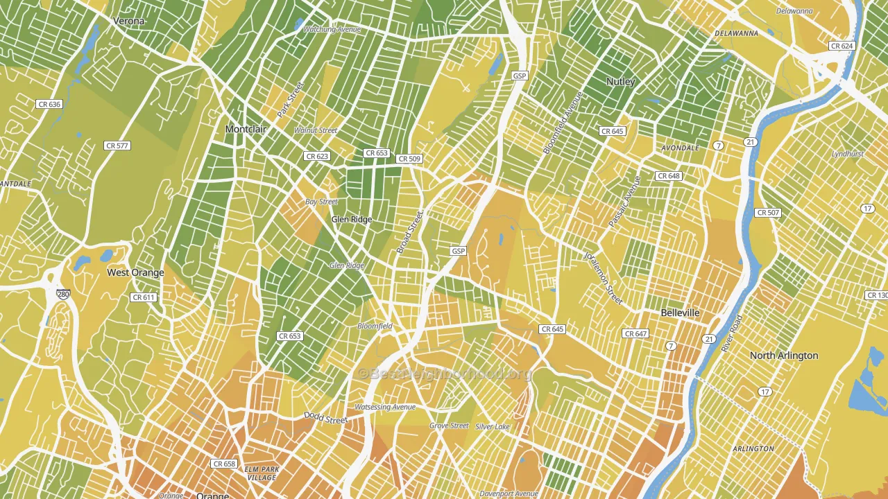 Map of the best neighborhoods in the 07003 area, with better matches in green and worse matches in red