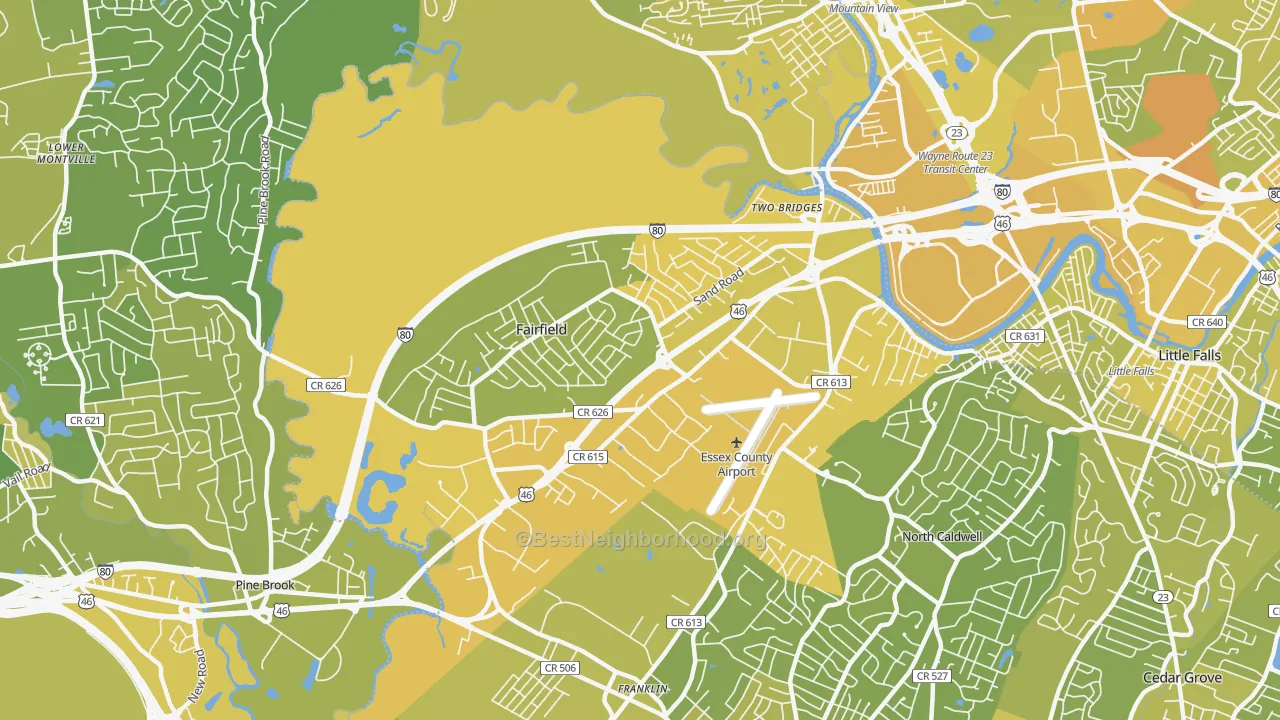 Map of the best neighborhoods in the 07004 area, with better matches in green and worse matches in red