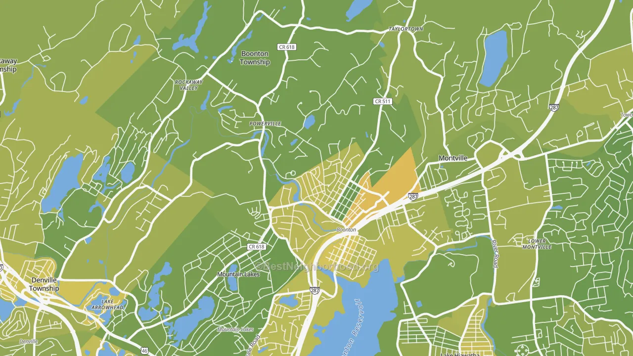 Map of the best neighborhoods in the 07005 area, with better matches in green and worse matches in red