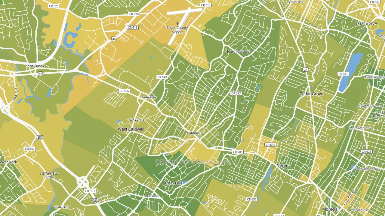 Map of the best neighborhoods in the 07006 area, with better matches in green and worse matches in red
