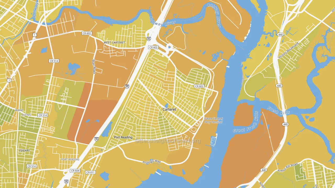 Map of the best neighborhoods in the 07008 area, with better matches in green and worse matches in red