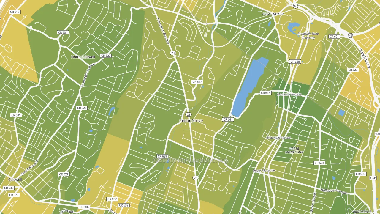 Map of the best neighborhoods in the 07009 area, with better matches in green and worse matches in red