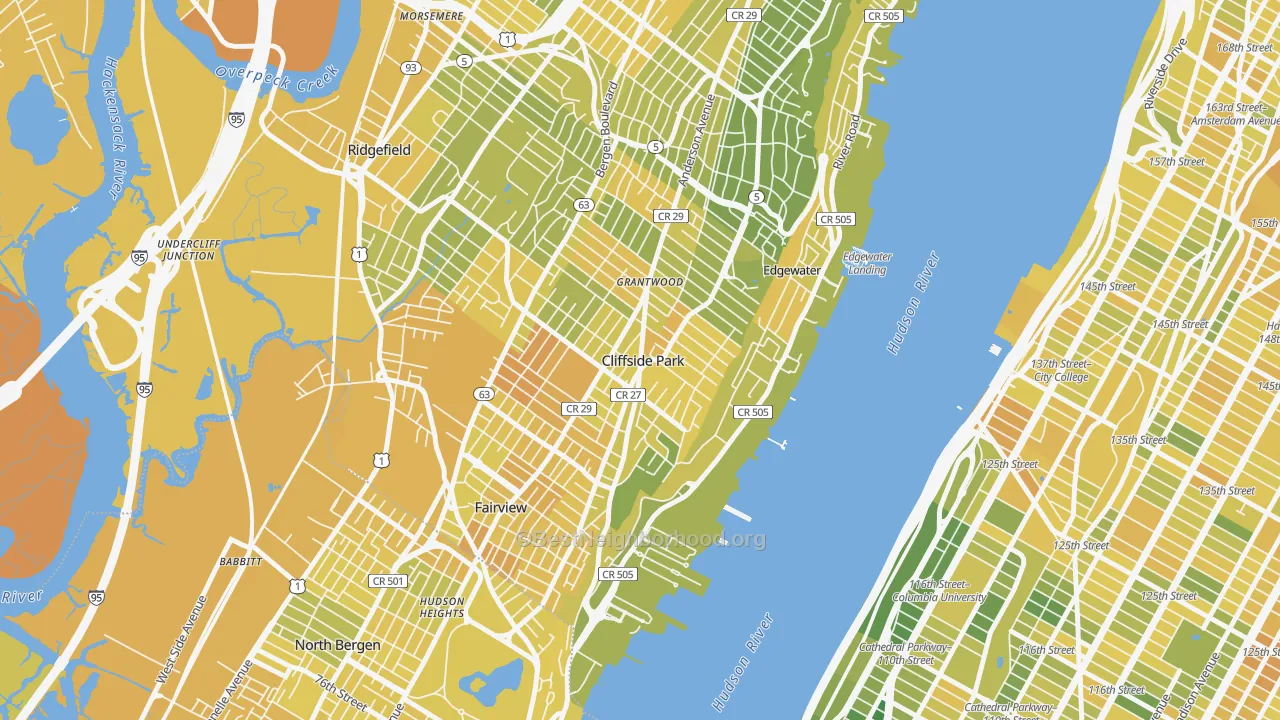 Map of the best neighborhoods in the 07010 area, with better matches in green and worse matches in red