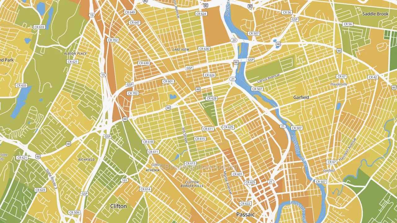 Map of the best neighborhoods in the 07011 area, with better matches in green and worse matches in red