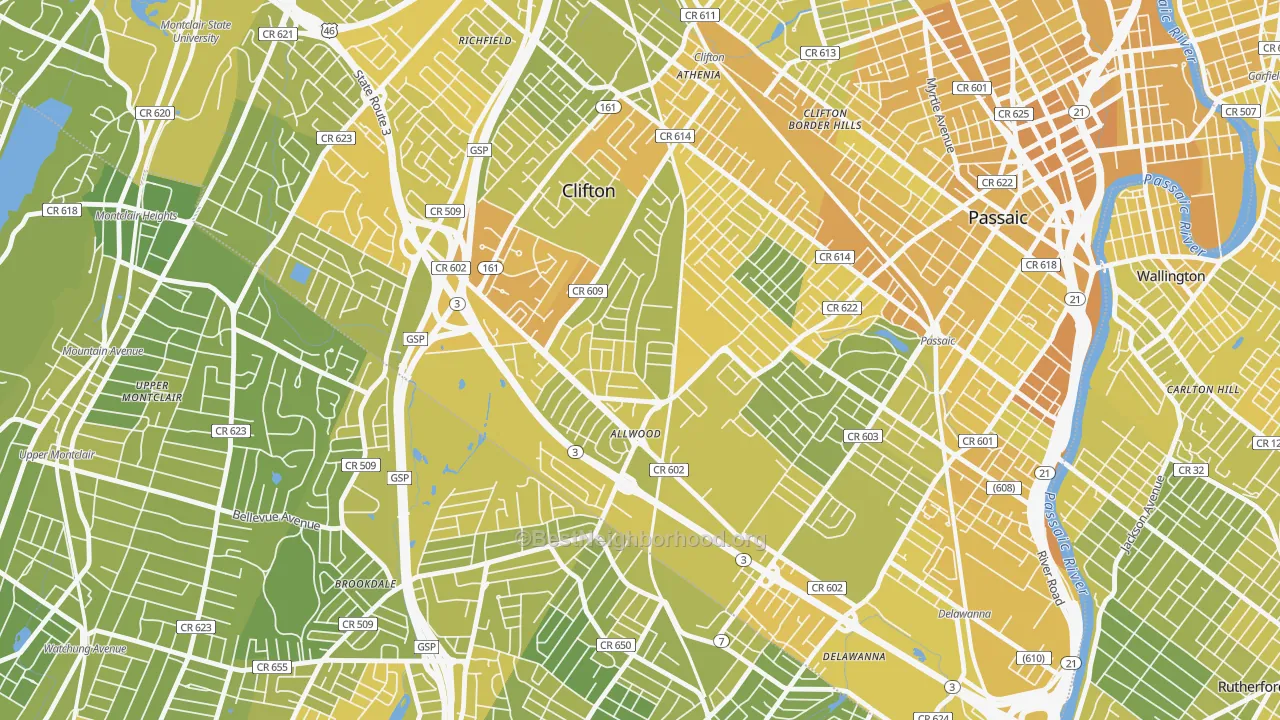 Map of the best neighborhoods in the 07012 area, with better matches in green and worse matches in red