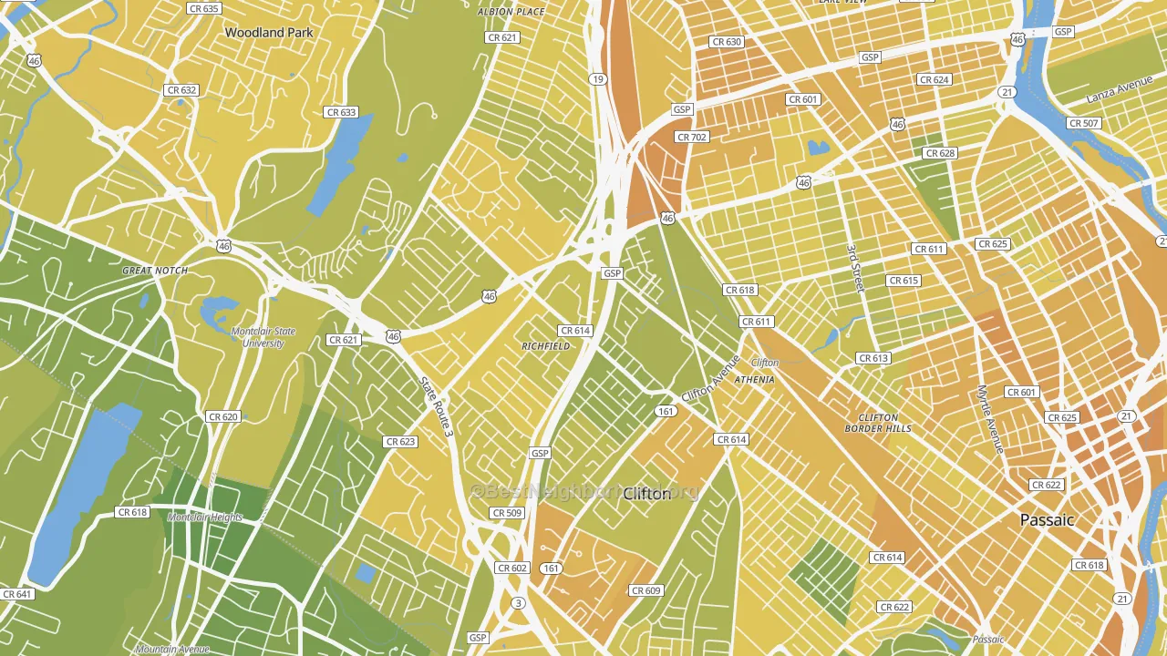 Map of the best neighborhoods in the 07013 area, with better matches in green and worse matches in red