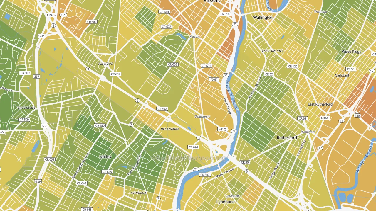 Map of the best neighborhoods in the 07014 area, with better matches in green and worse matches in red