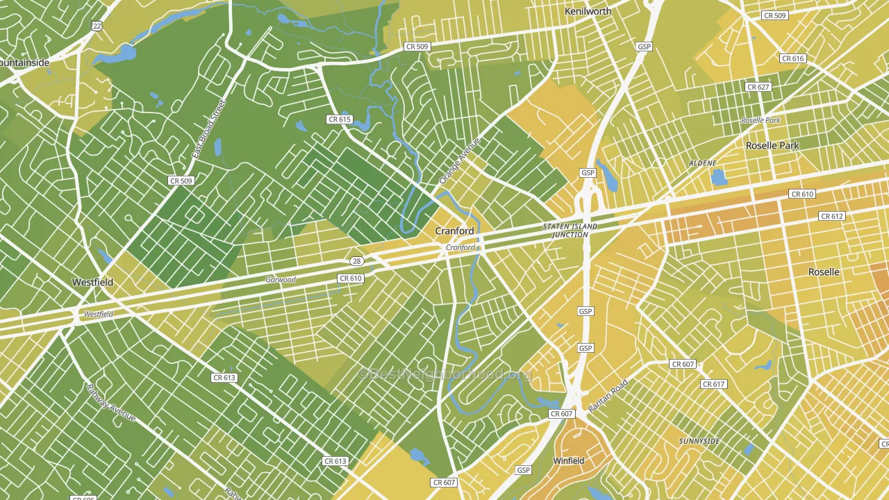 Map of the best neighborhoods in the 07016 area, with better matches in green and worse matches in red