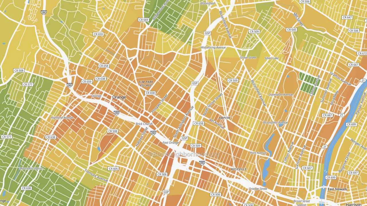 Map of the best neighborhoods in the 07017 area, with better matches in green and worse matches in red