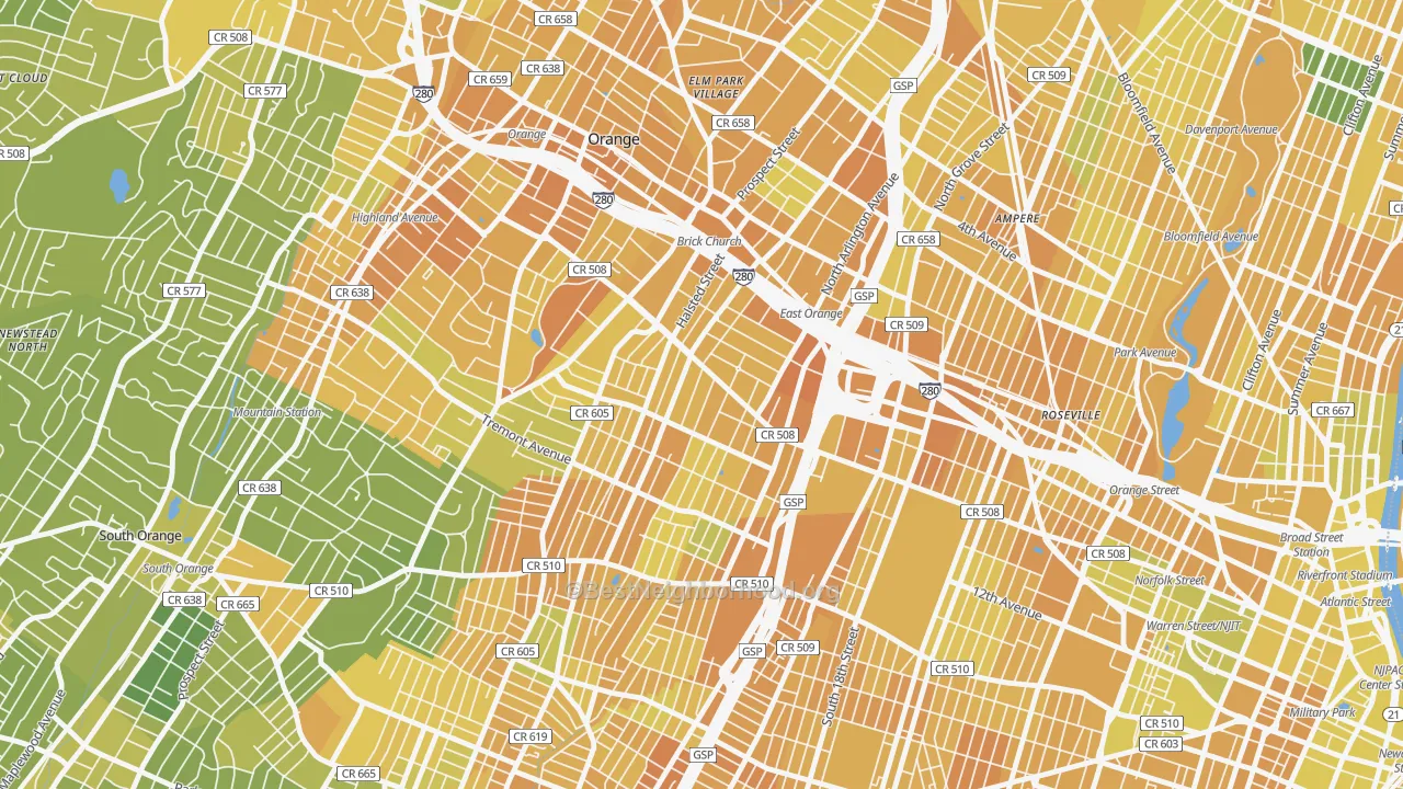 Map of the best neighborhoods in the 07018 area, with better matches in green and worse matches in red