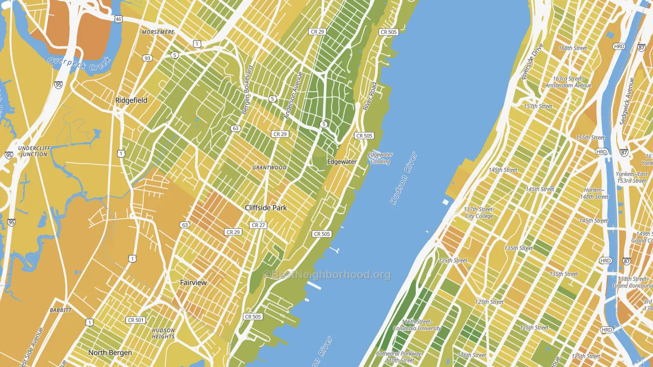 Map of the best neighborhoods in the 07020 area, with better matches in green and worse matches in red