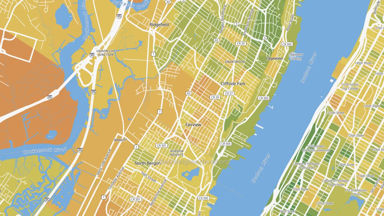 Map of the best neighborhoods in the 07022 area, with better matches in green and worse matches in red