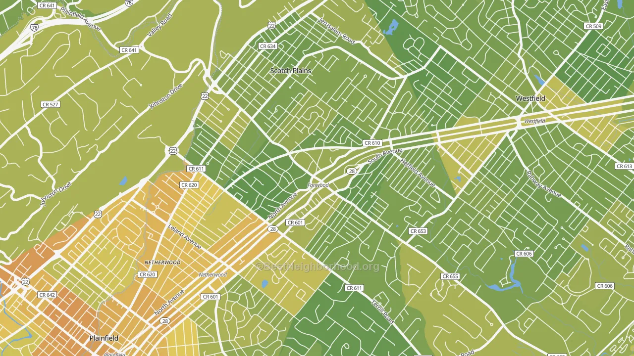 Map of the best neighborhoods in the 07023 area, with better matches in green and worse matches in red