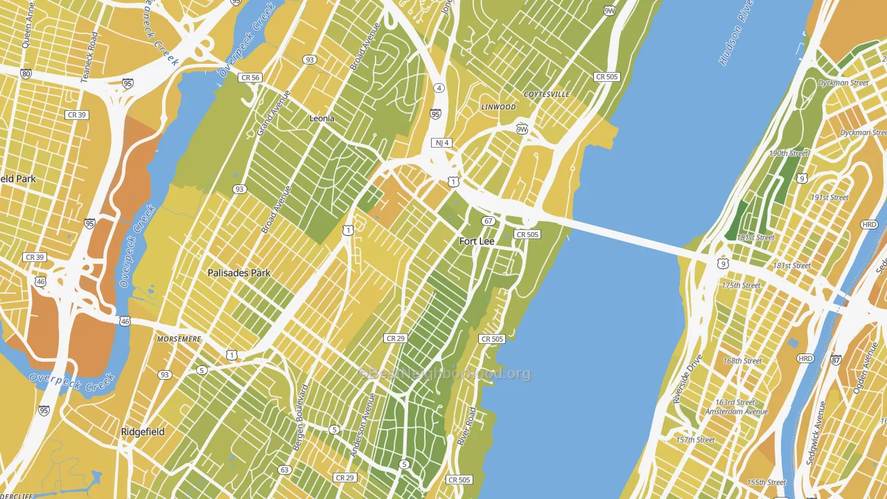 Map of the best neighborhoods in the 07024 area, with better matches in green and worse matches in red