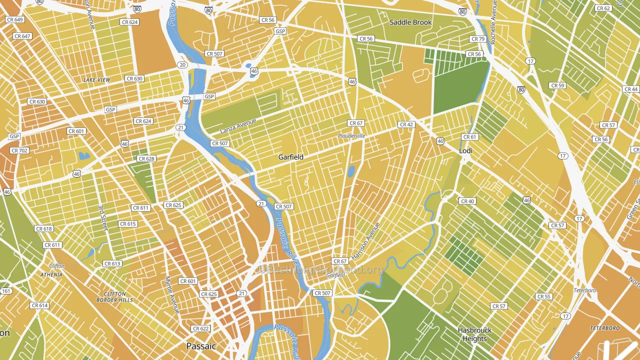Map of the best neighborhoods in the 07026 area, with better matches in green and worse matches in red